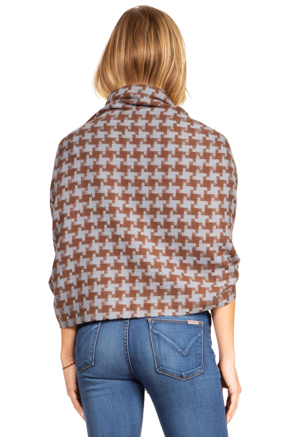 Brown-and-tan houndstooth pashmina shawl with fringe, shown from back