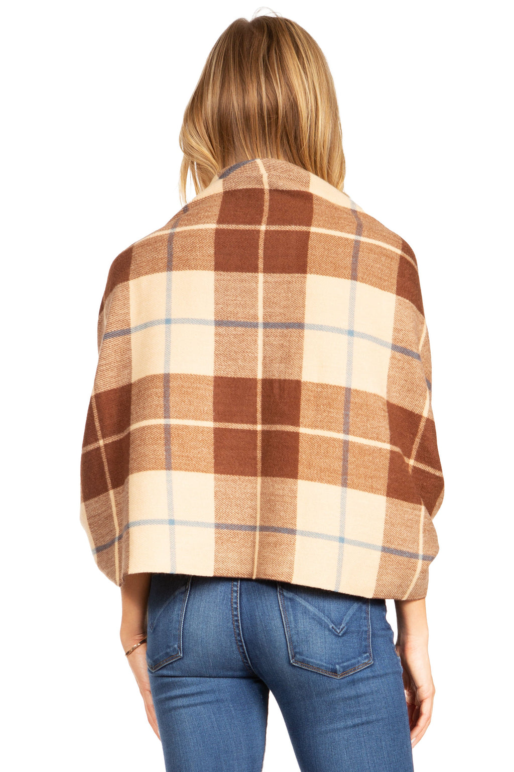 Plaid pashmina shawl wrap in brown, tan, white, and light blue with fringed ends