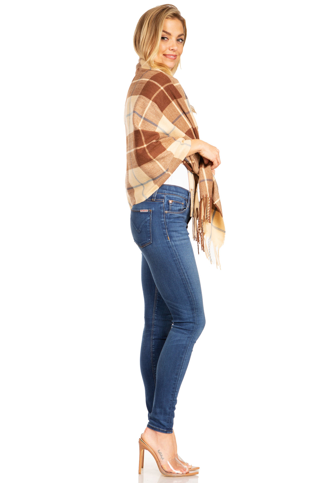 Plaid pashmina shawl wrap in brown and tan with light blue accents and long fringe