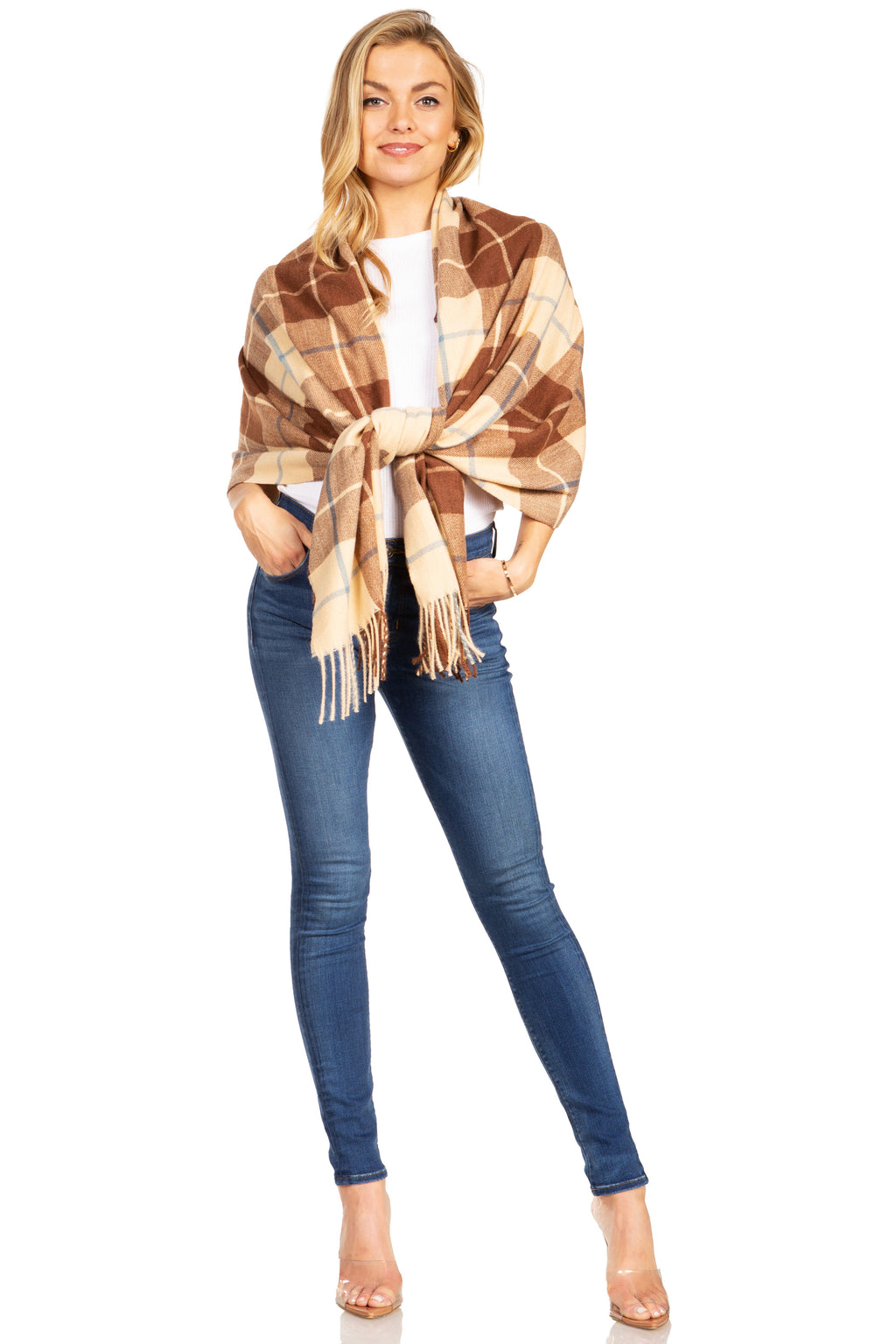 Plaid pashmina shawl wrap in brown, tan, and white with fringed hem, front tie