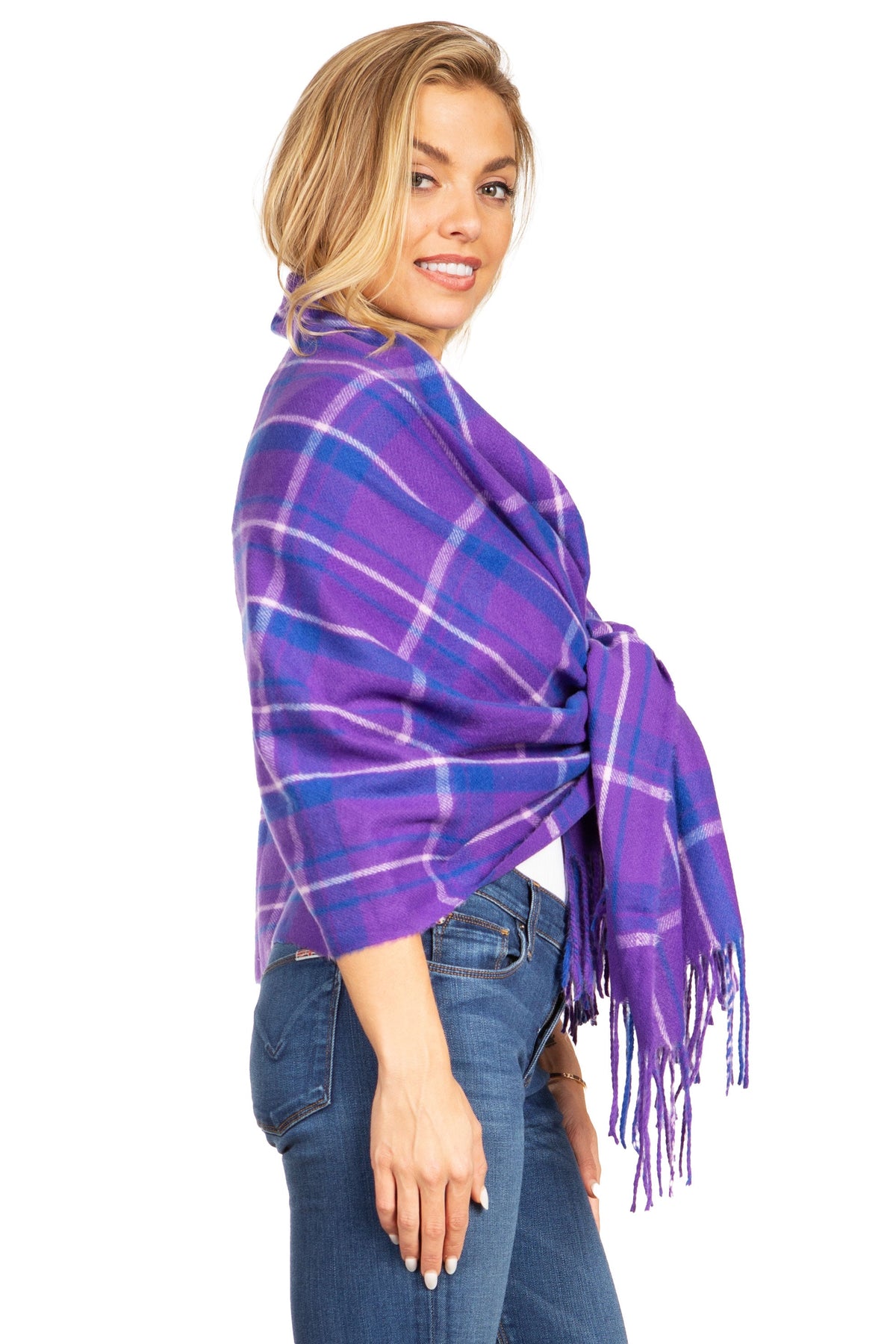 Purple plaid pashmina wrap scarf with fringes draped over shoulder