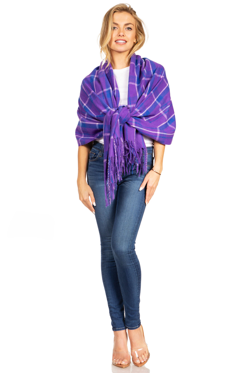 Purple plaid pashmina shawl scarf with fringe trim, tied at the front