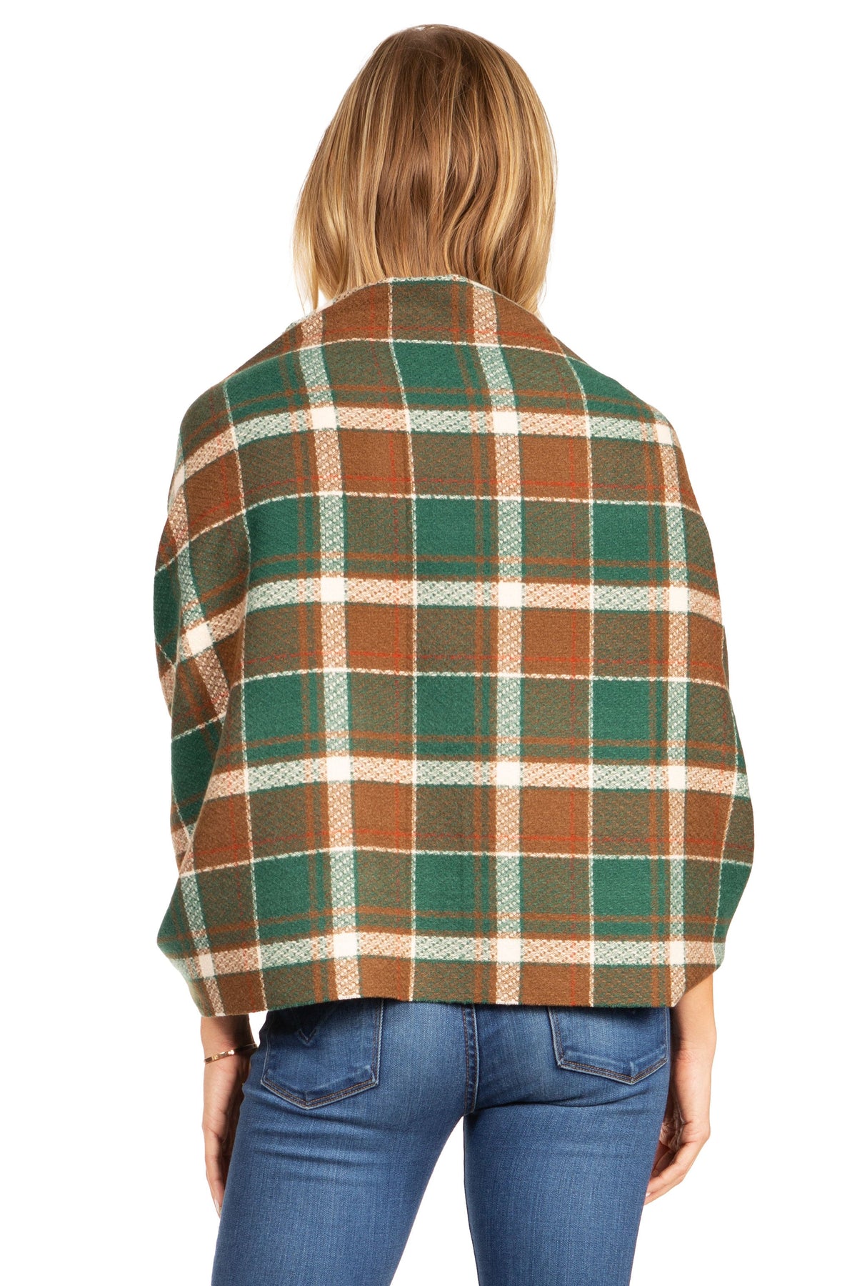 Plaid pashmina shawl wrap in green and tan with fringed hem, shown from back