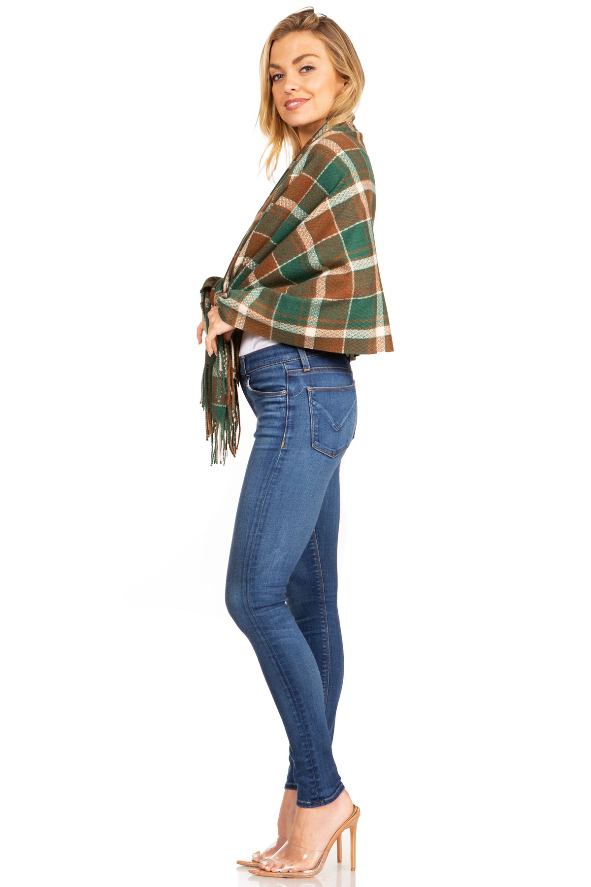 Plaid pashmina shawl wrap in green and tan with long fringes, side drape