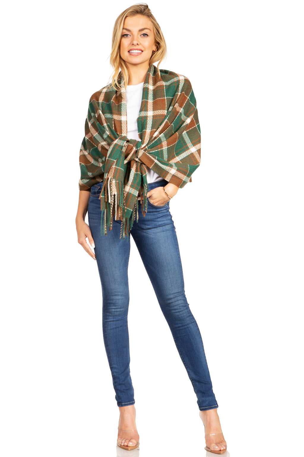 Plaid pashmina shawl wrap in green, tan, and cream with fringe and front knot