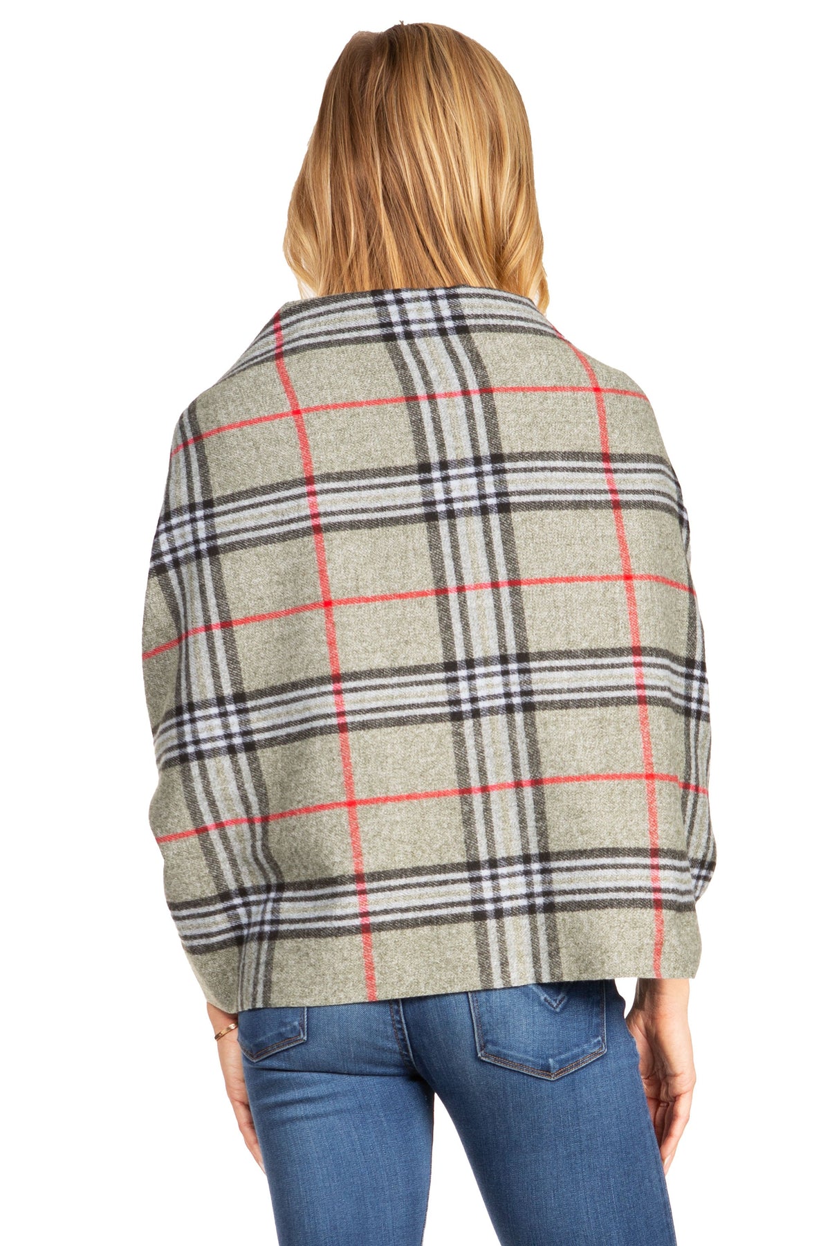 Plaid pashmina shawl in gray with red lines, draped over shoulders, fringe ends