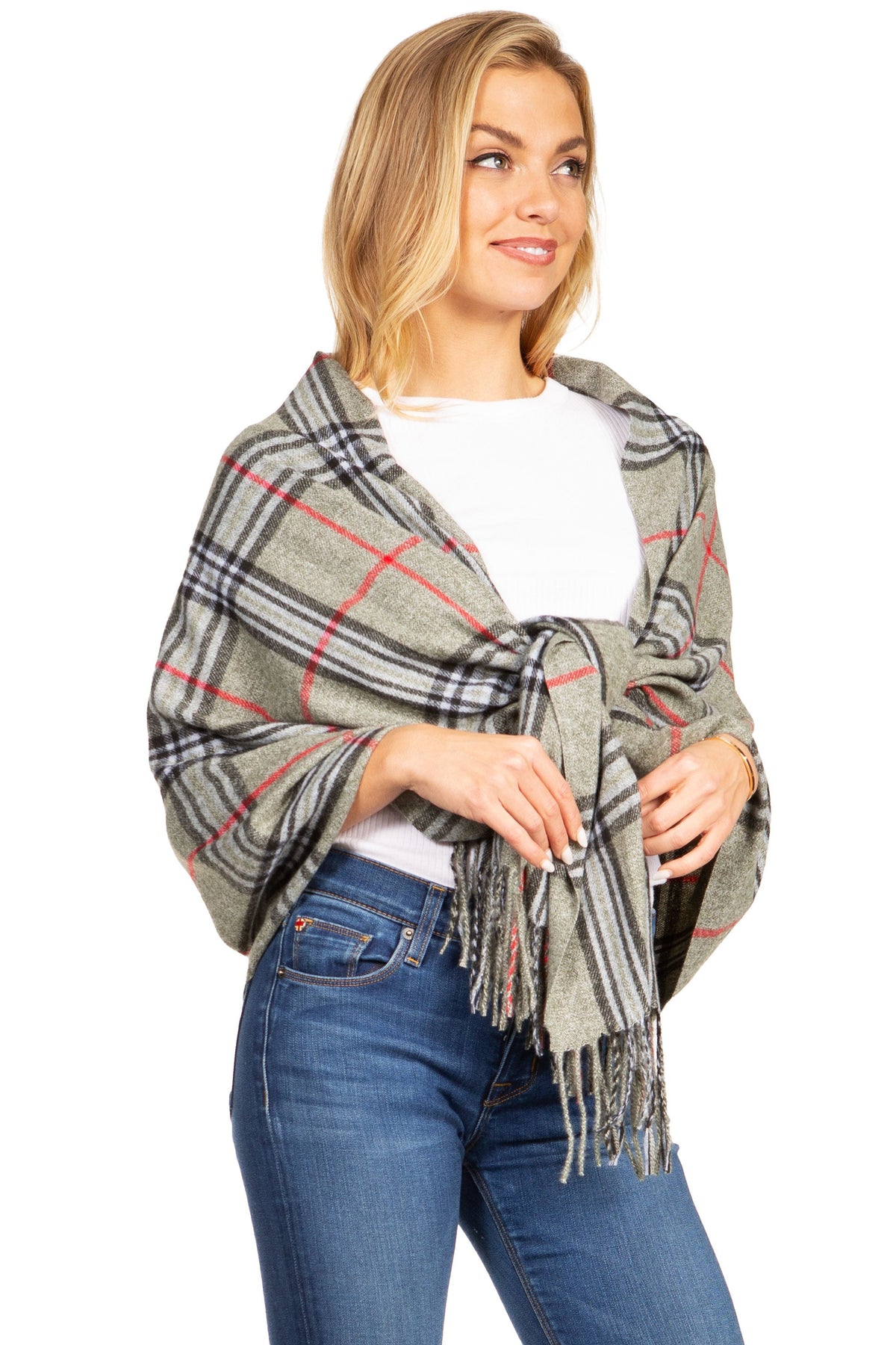 Plaid pashmina shawl in gray with red stripes, knotted at chest with fringed tassels