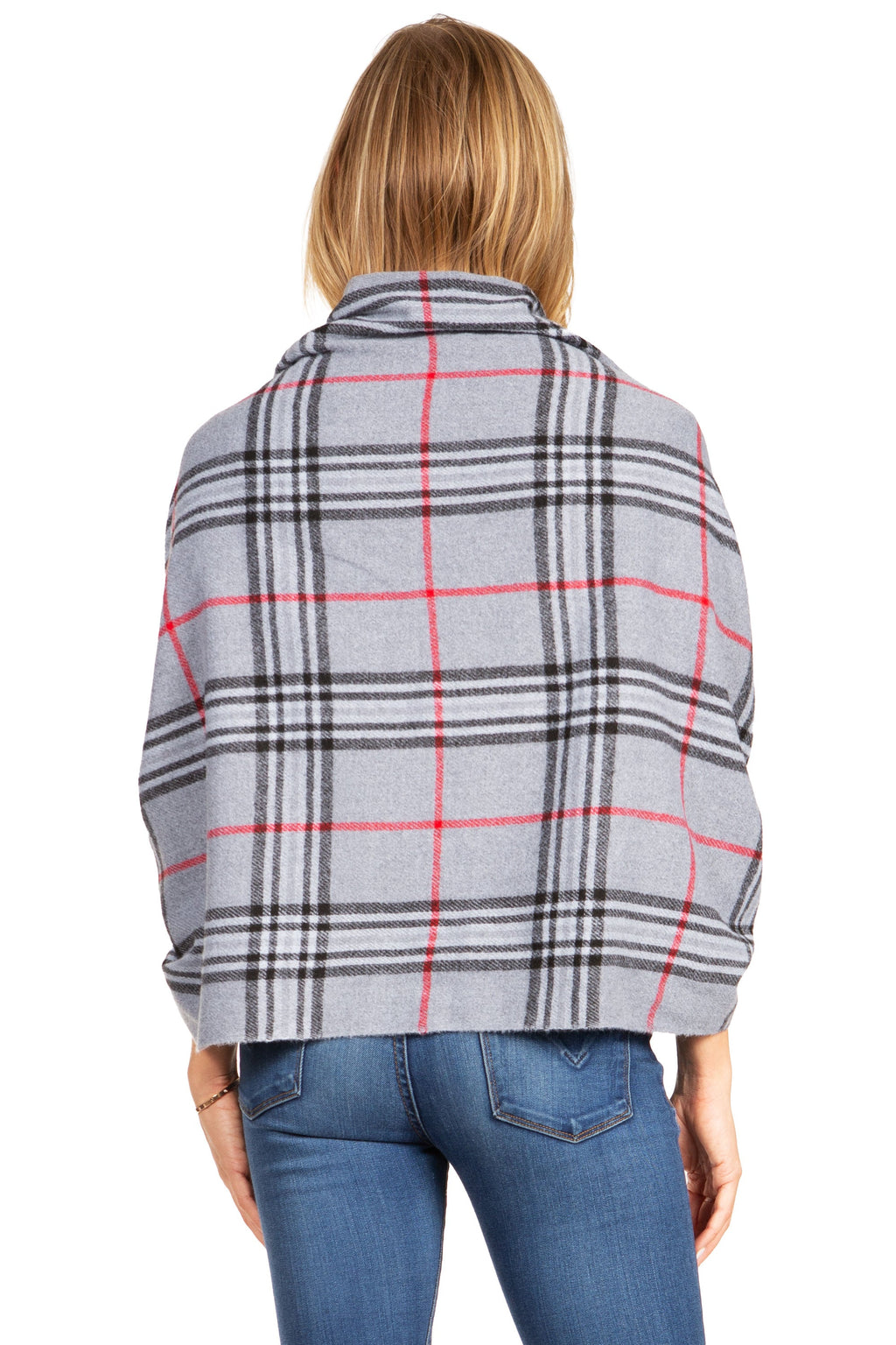 Plaid pashmina shawl in gray with red lines, back view drape over shoulders, fringe