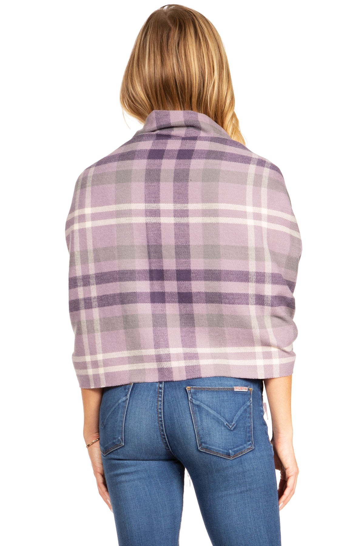 Plaid pashmina shawl wrap scarf in lilac and purple tones, fringed ends