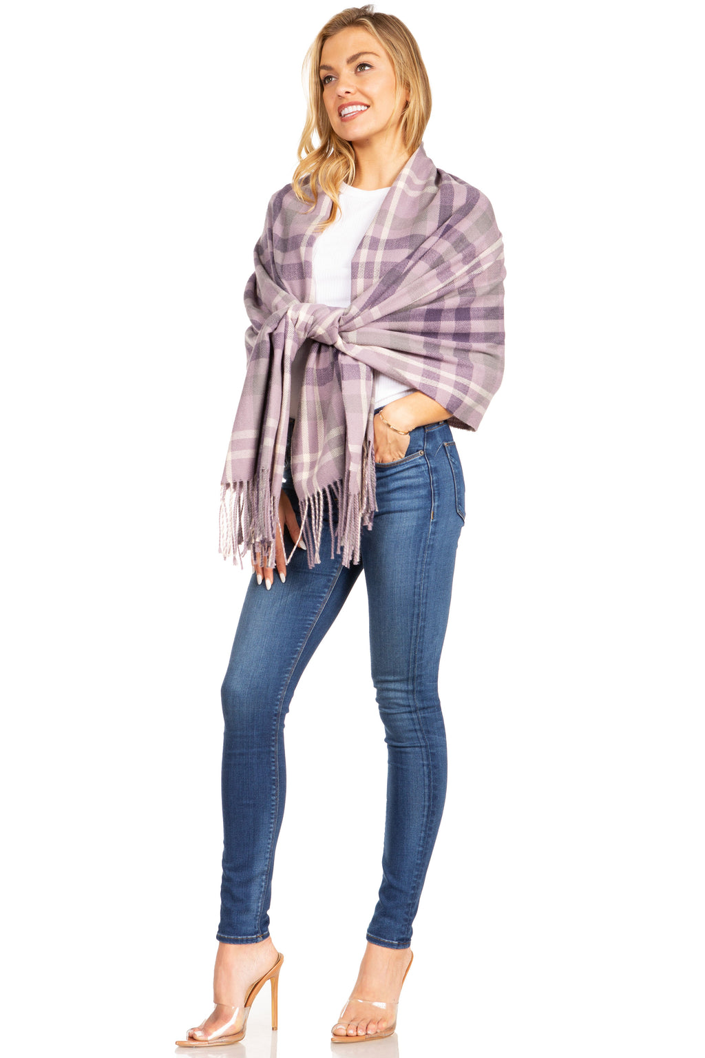 Plaid pashmina shawl wrap scarf in lilac and purple tones, tied at front with fringe