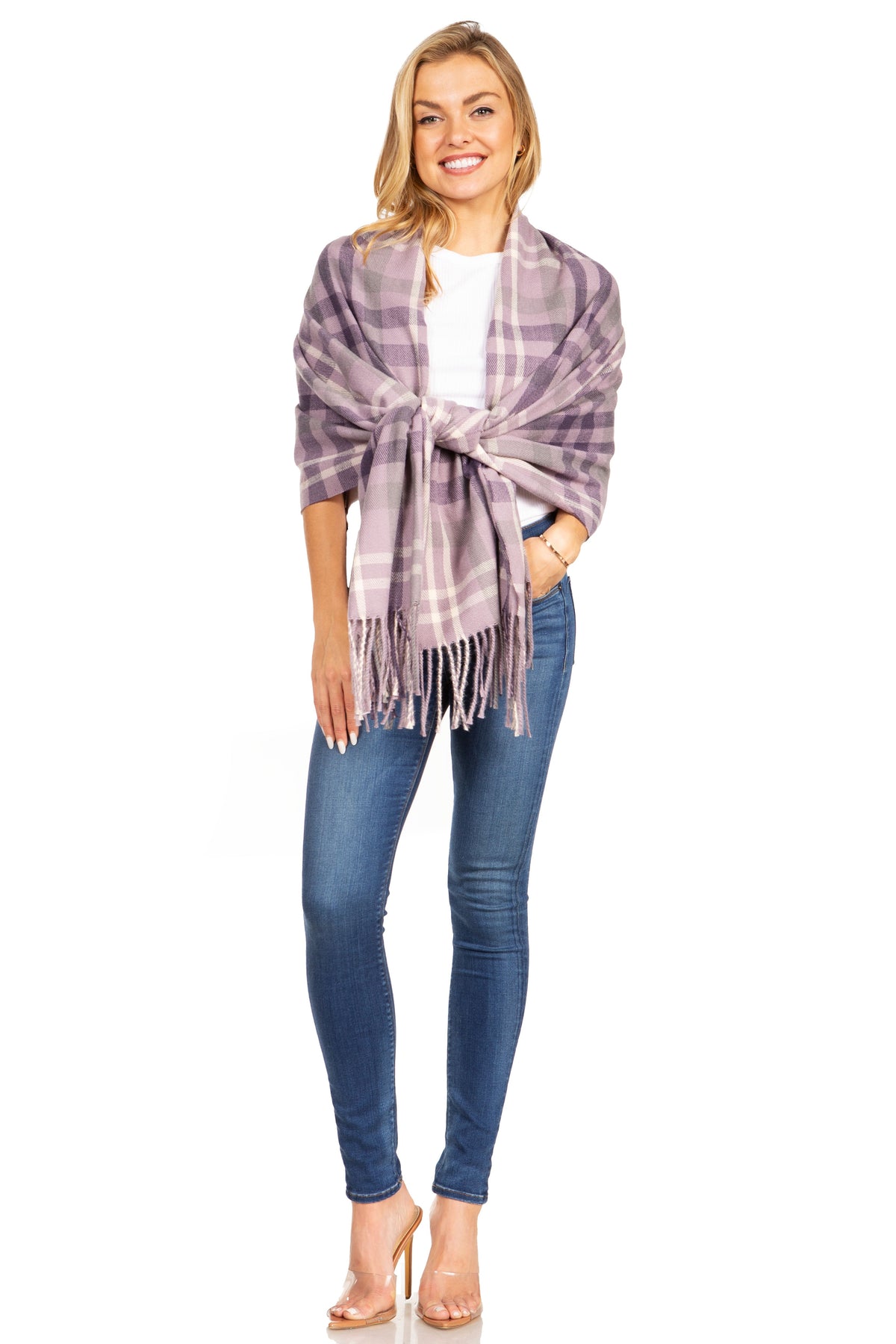 Plaid pashmina shawl wrap scarf in lilac and purple tones, front bow tie with fringe