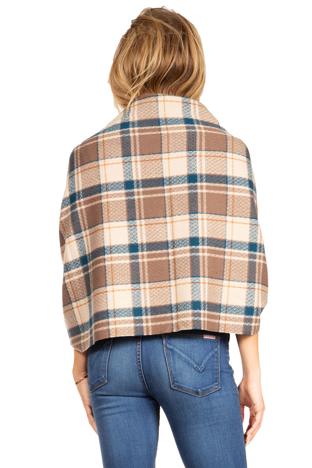 Camel plaid pashmina shawl wrap with blue check pattern, worn with back facing