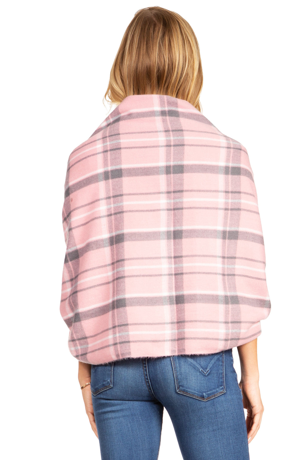 Plaid pashmina shawl wrap scarf in lilac and purple tones, shown from back
