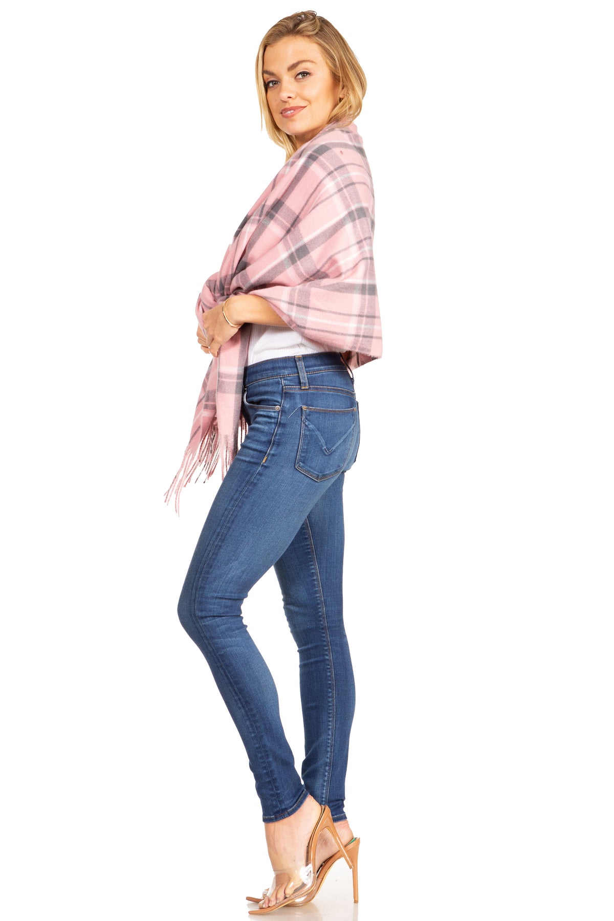 Plaid pashmina shawl wrap scarf in lilac and purple tones, draped side view with fringe