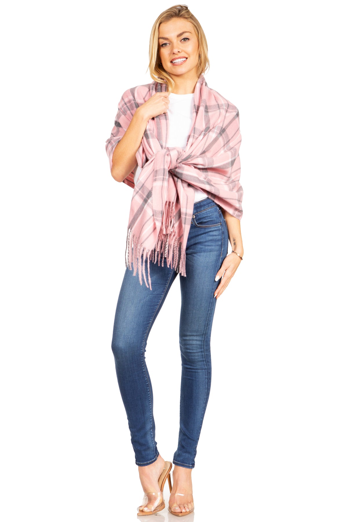 Plaid pashmina shawl wrap scarf in lilac and pink-purple tones, tied with fringe