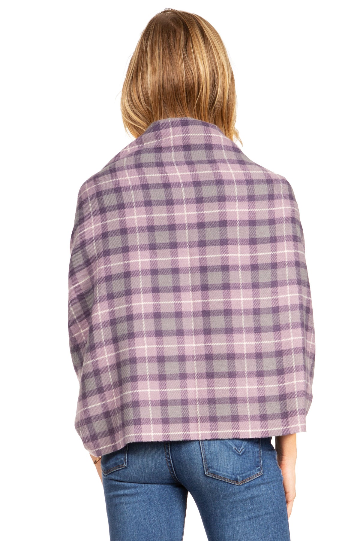 Purple plaid pashmina-style shawl wrap with fringe, draped over shoulders