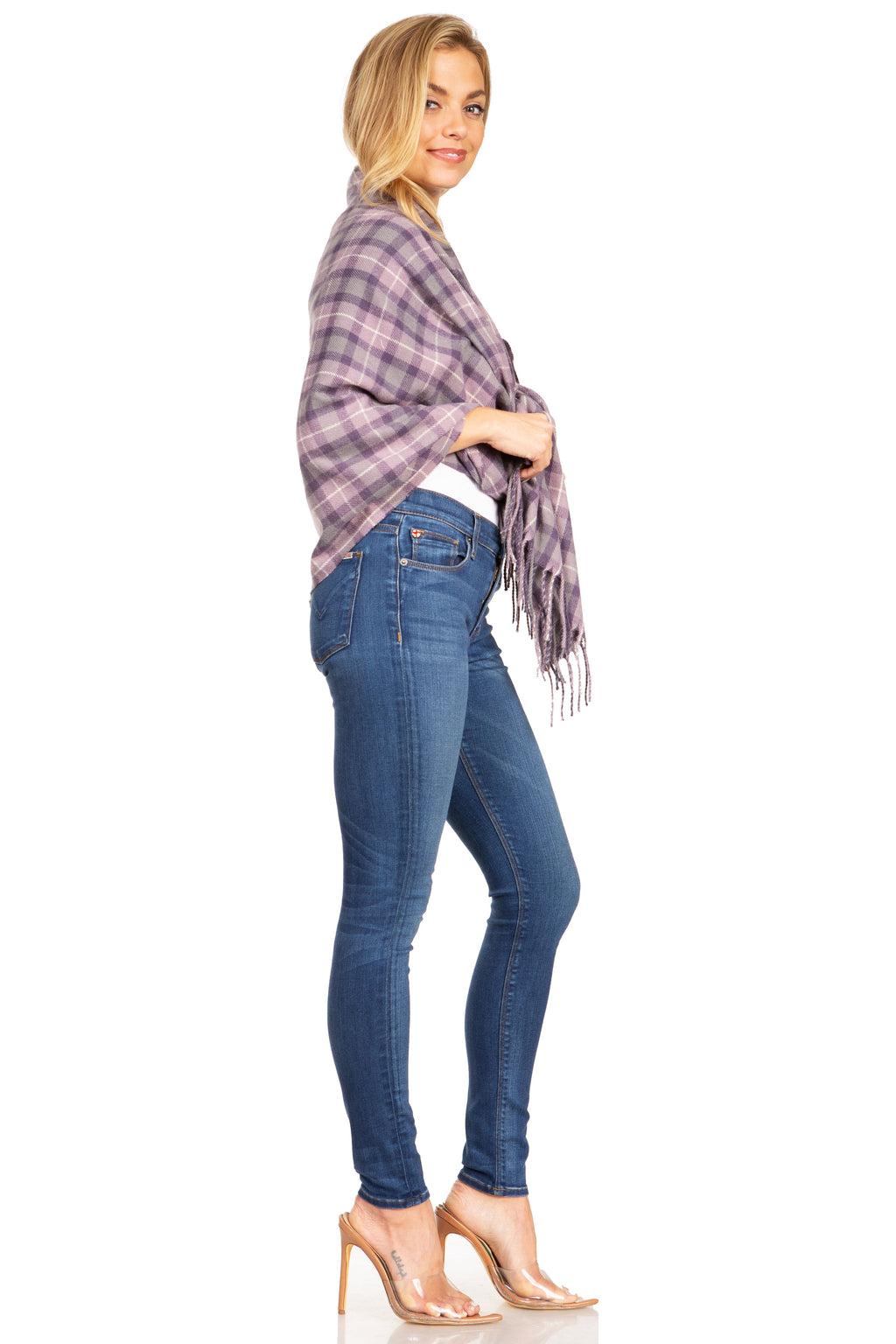 Purple plaid pashmina-style shawl wrap with long fringe detail at side