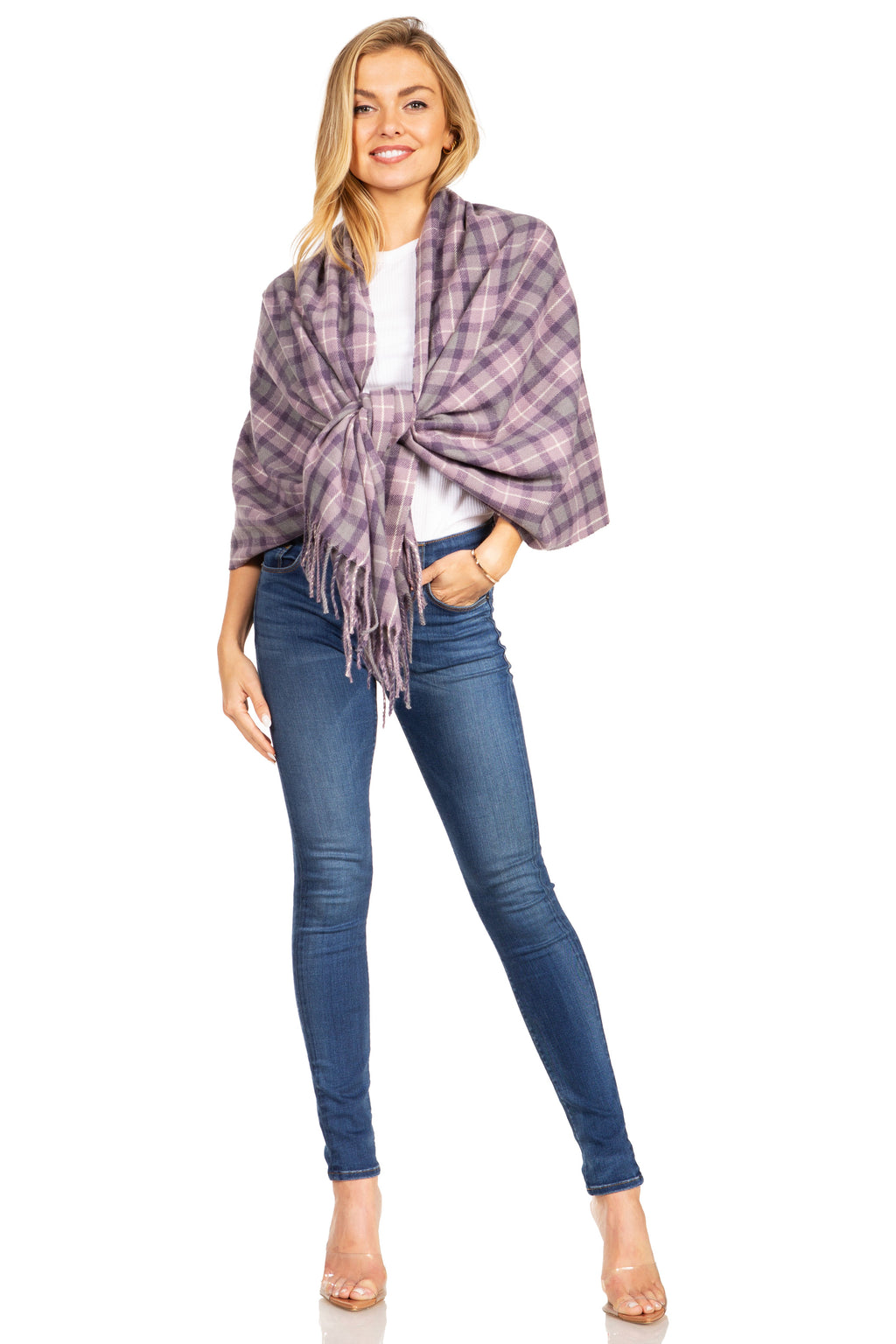 Purple plaid pashmina-style shawl with fringe, tied at the front