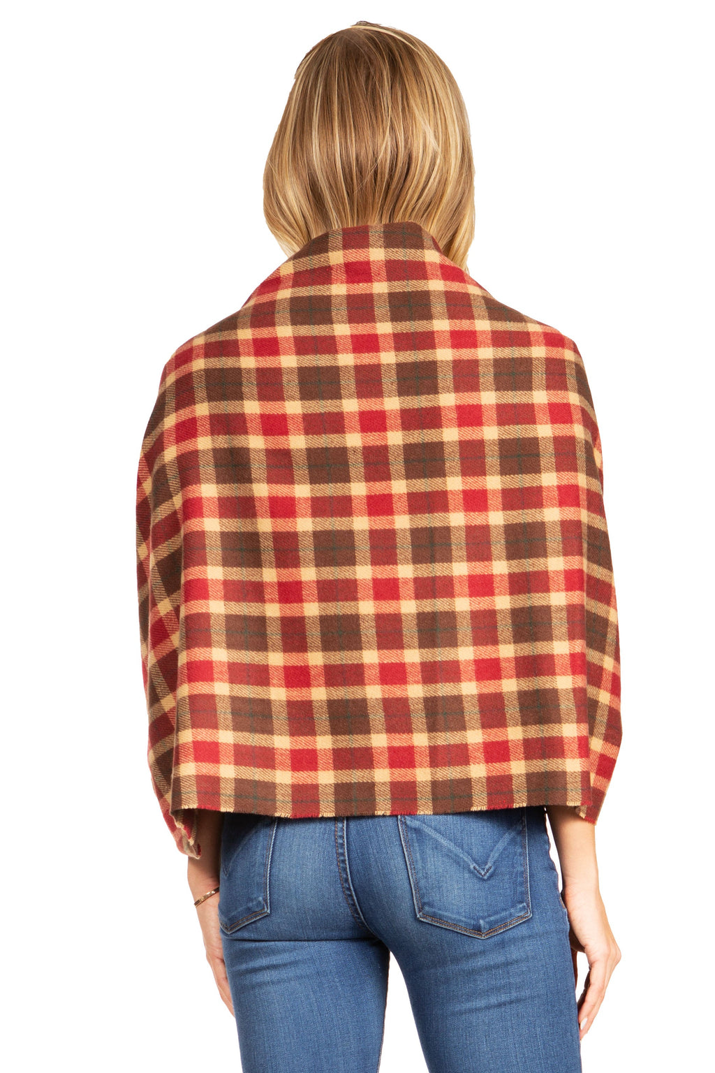 Red and brown plaid pashmina-style shawl wrap with fringe, back view
