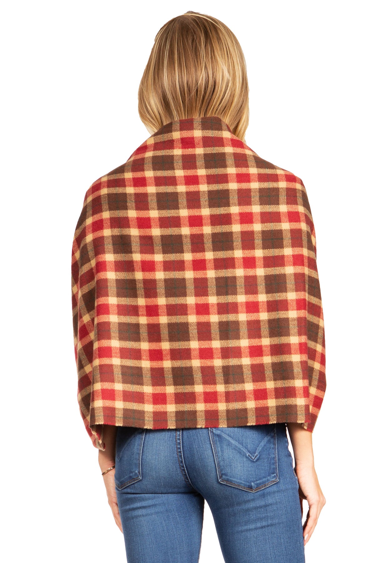 Red and brown plaid pashmina-style shawl wrap with fringe, back view