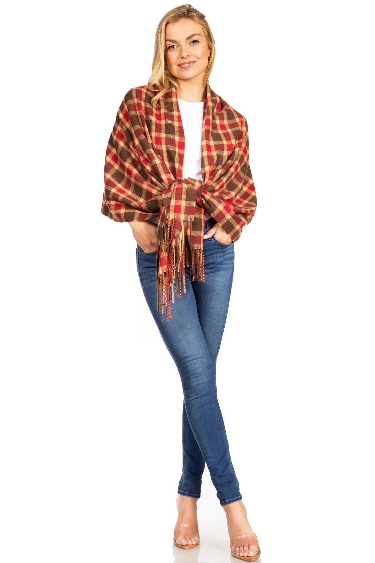 Red and brown plaid pashmina-style shawl with fringe, front wrap style