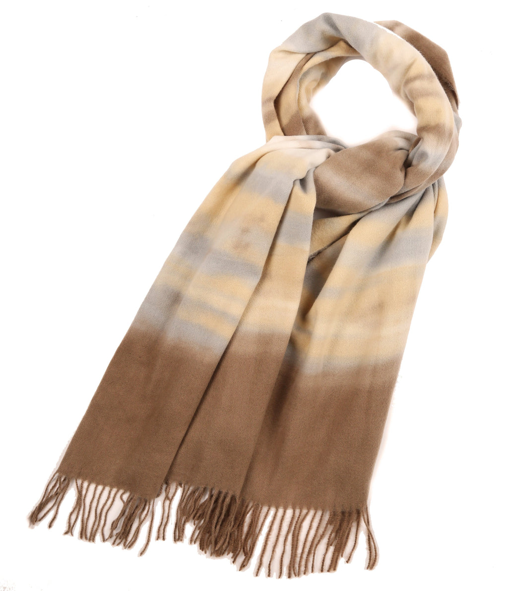Beige and tan striped pashmina shawl wrap scarf with long fringe and drape