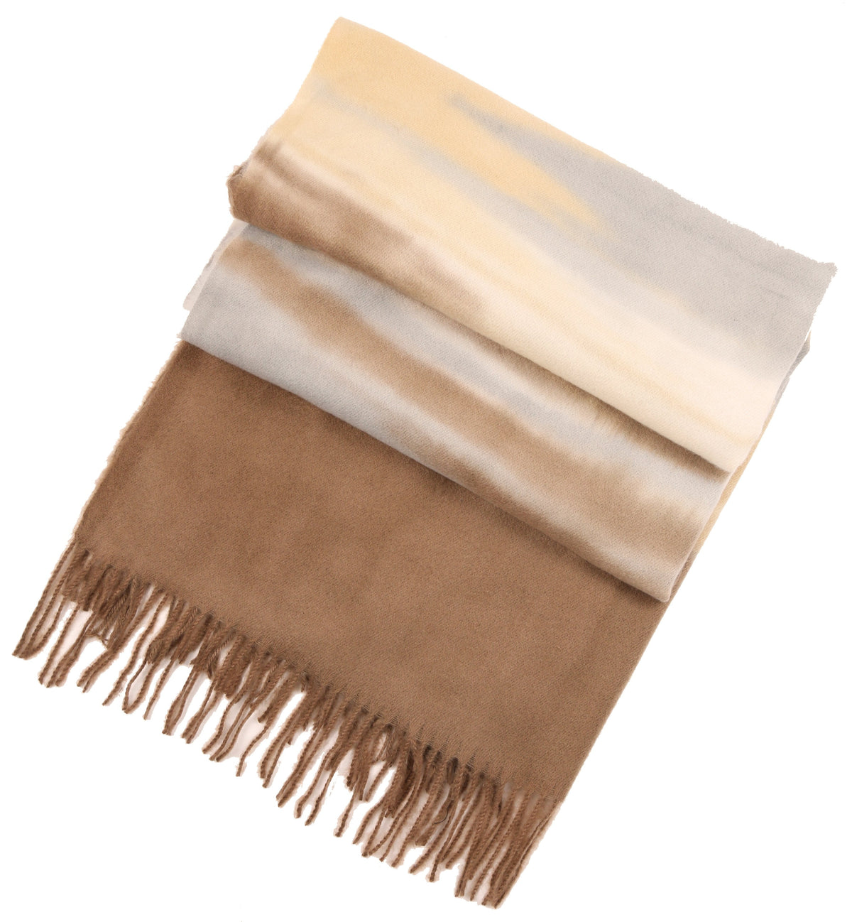 Beige and tan striped pashmina shawl wrap scarf, folded with long fringe