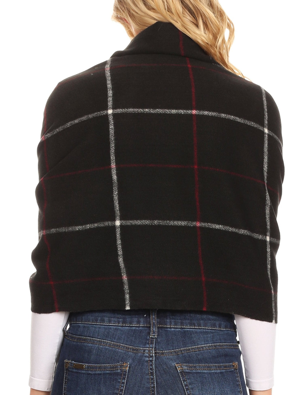 Black plaid shawl with red and light gray grid pattern on the back, fringe hem