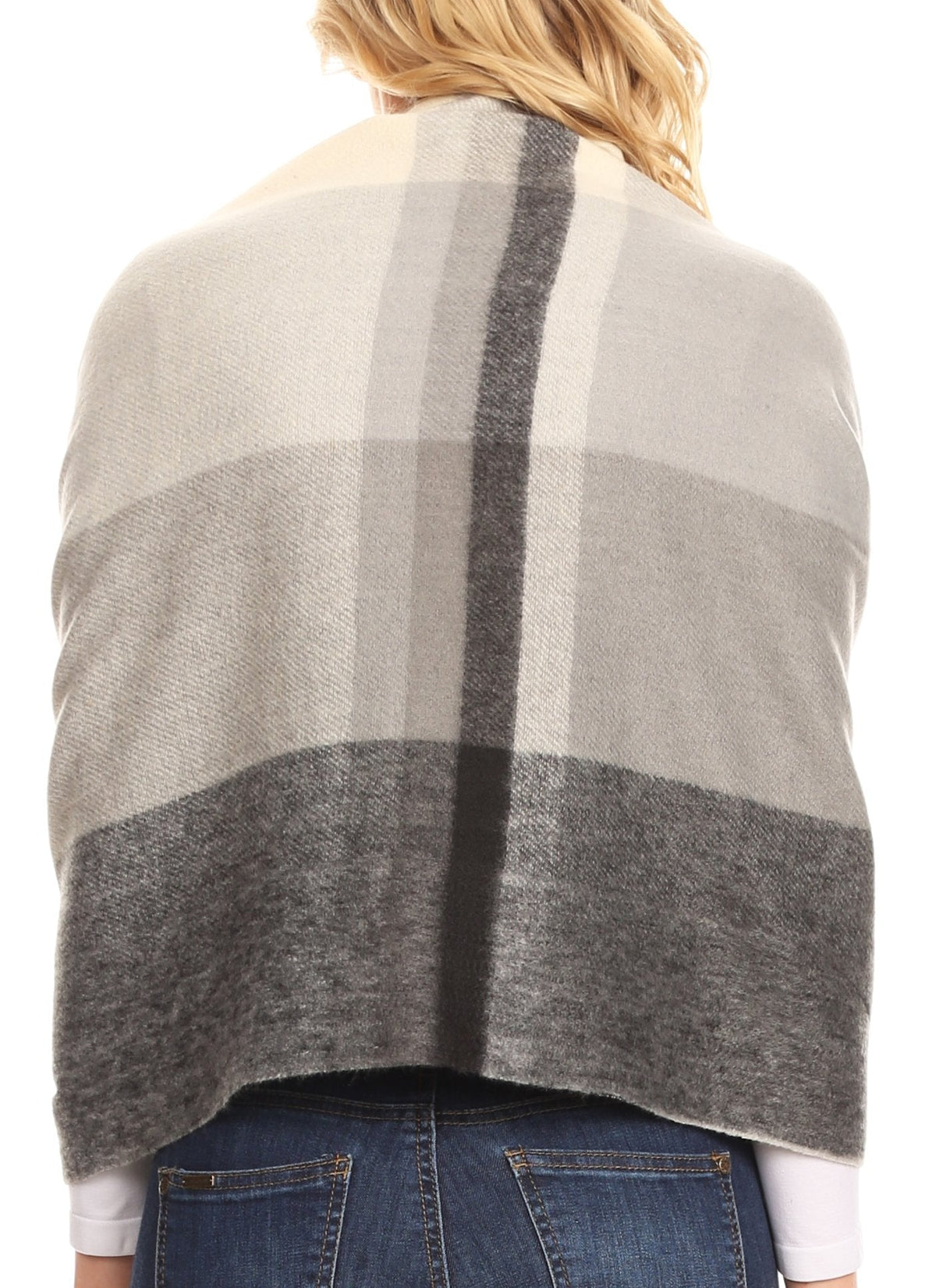 Beige-gray plaid shawl with thick dark stripes on back, fringed hem