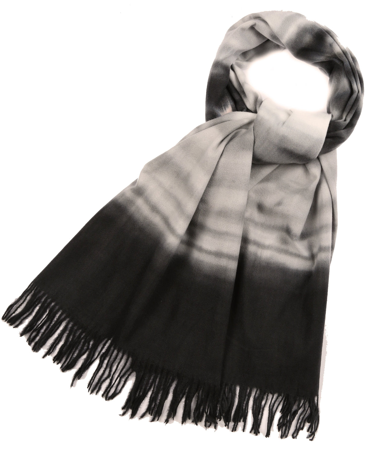 Black-and-gray striped pashmina shawl scarf with fringe trim on both ends