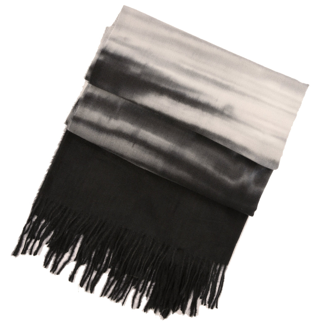 Black-and-gray striped pashmina shawl with thick fringe along the bottom edge