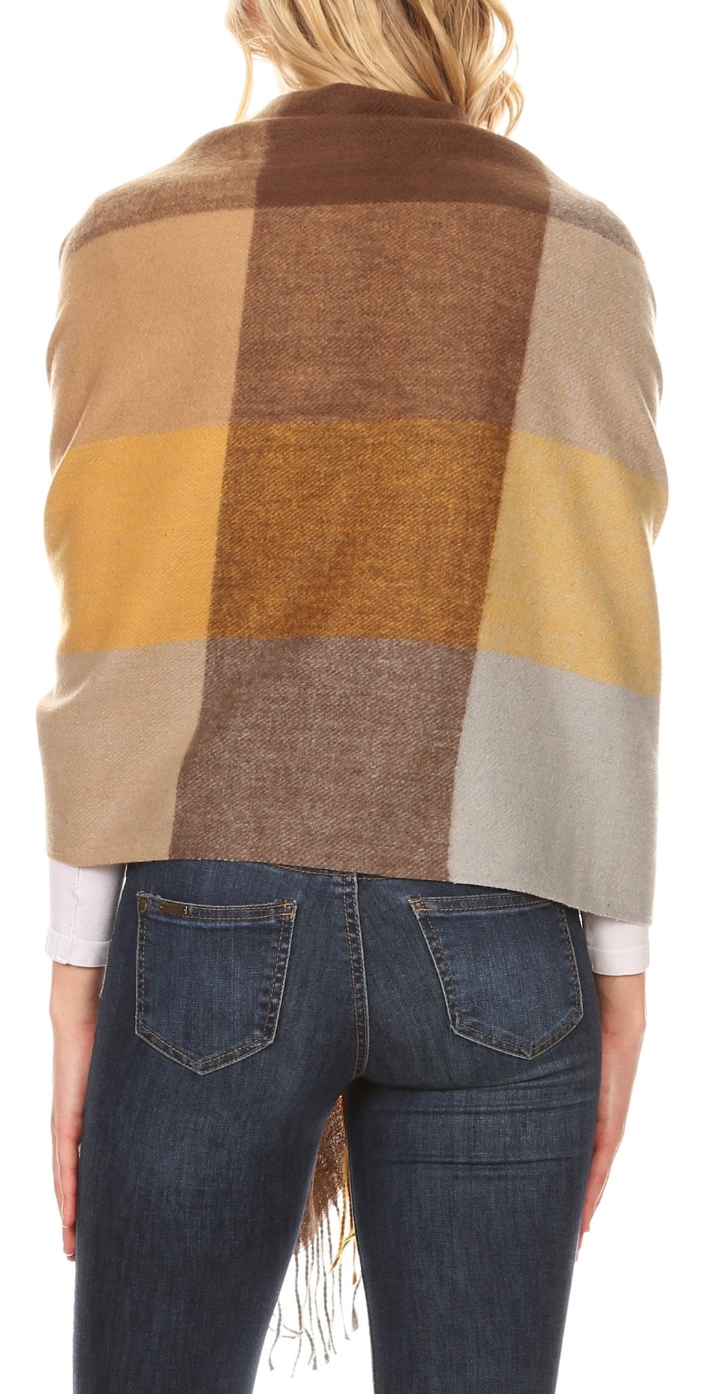 Women’s pashmina shawl scarf with back view plaid blocks and long fringe trim.