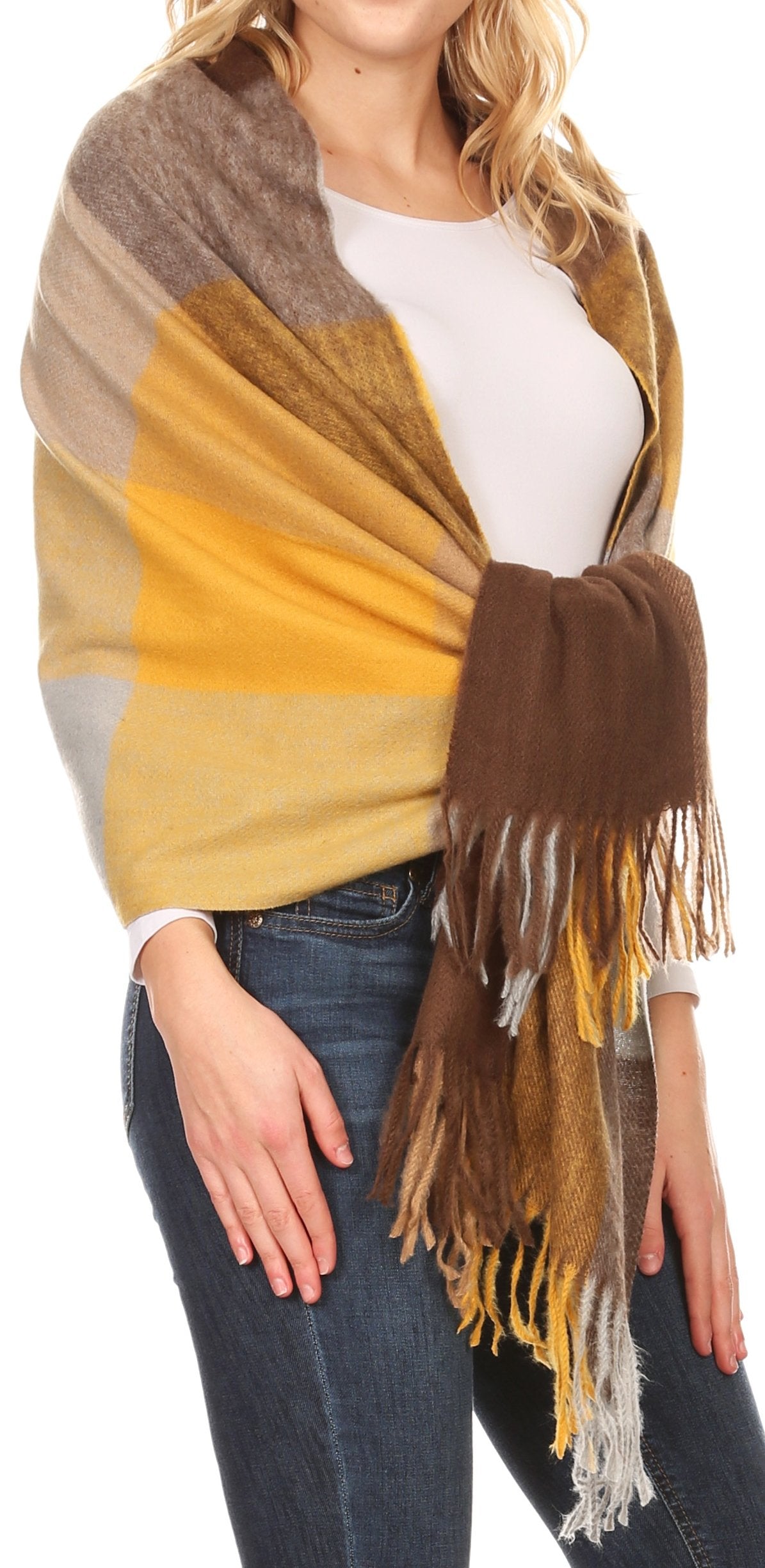 Women’s pashmina shawl scarf in striped plaid colors with fringe and soft drape.