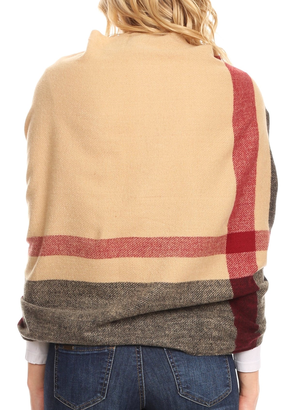 Women’s pashmina shawl scarf back view with tan plaid blocks and multicolor stripes.
