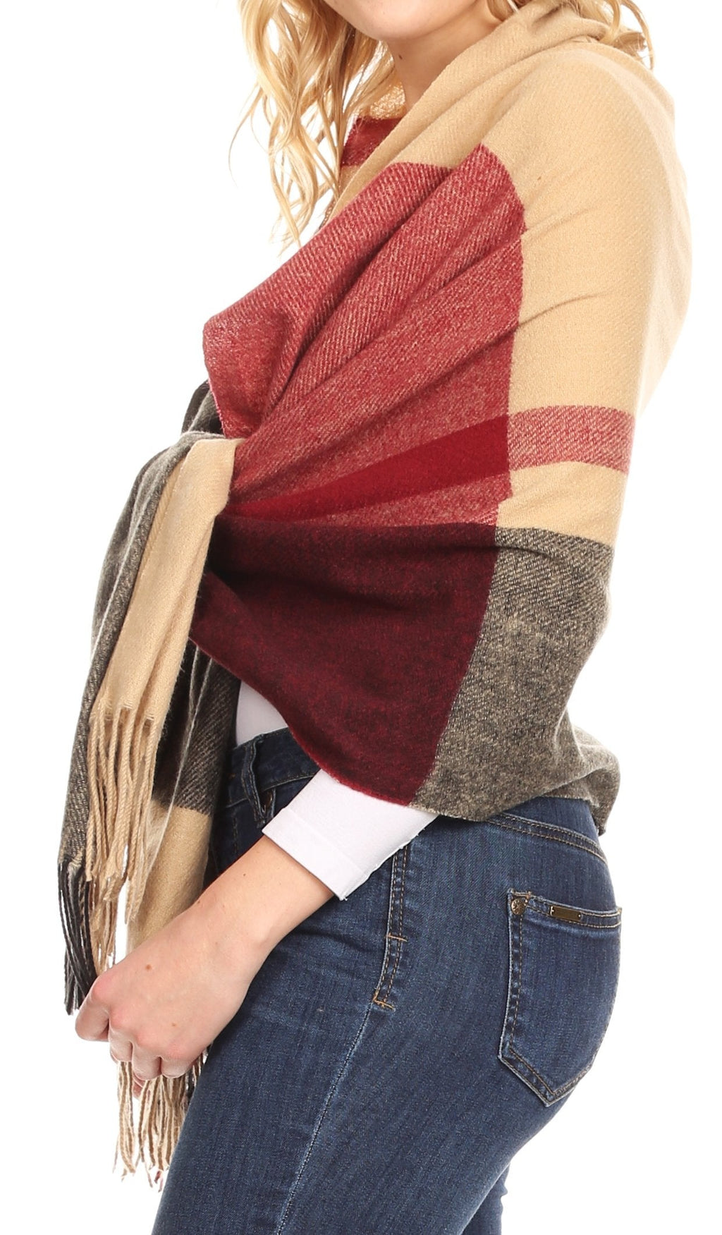 Women’s pashmina shawl wrap scarf with red, tan, and dark plaid blocks plus fringe.