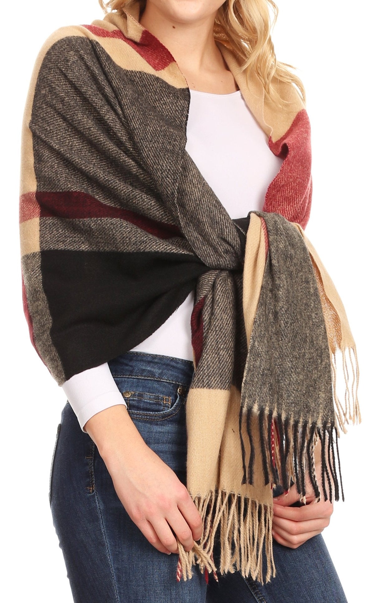 Women’s pashmina shawl wrap scarf with dark plaid center, beige panels, and fringe ends.