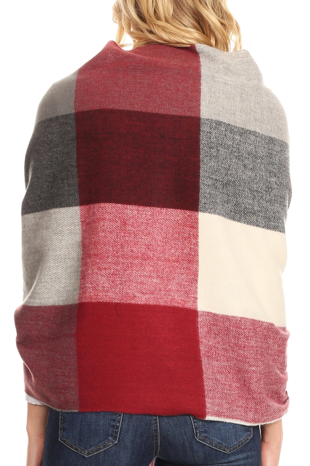 Women’s plaid pashmina wrap in burgundy, gray, cream, and black squares; fringed ends.