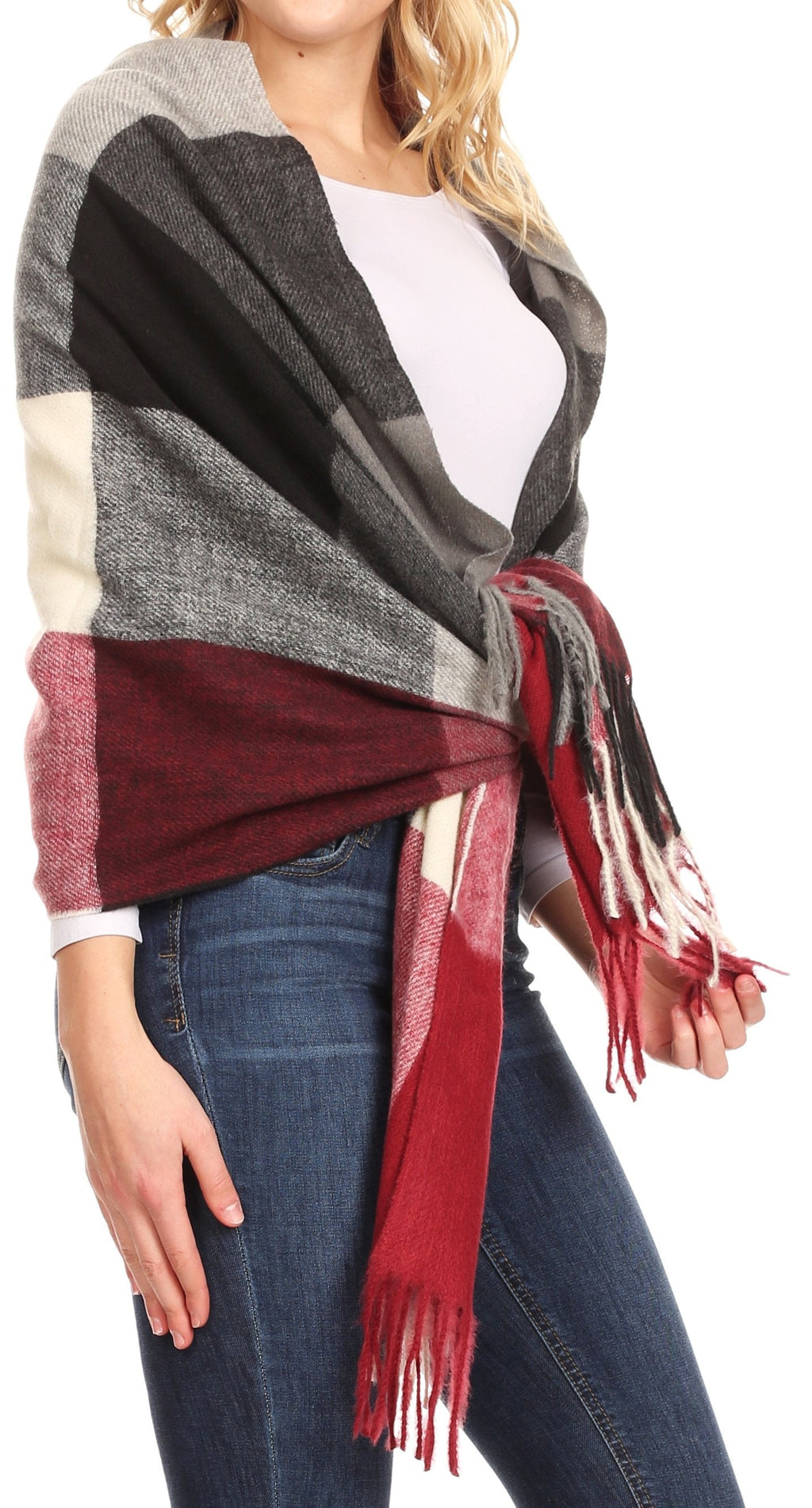 Women’s plaid pashmina shawl with burgundy, gray, and cream stripes; long fringe.