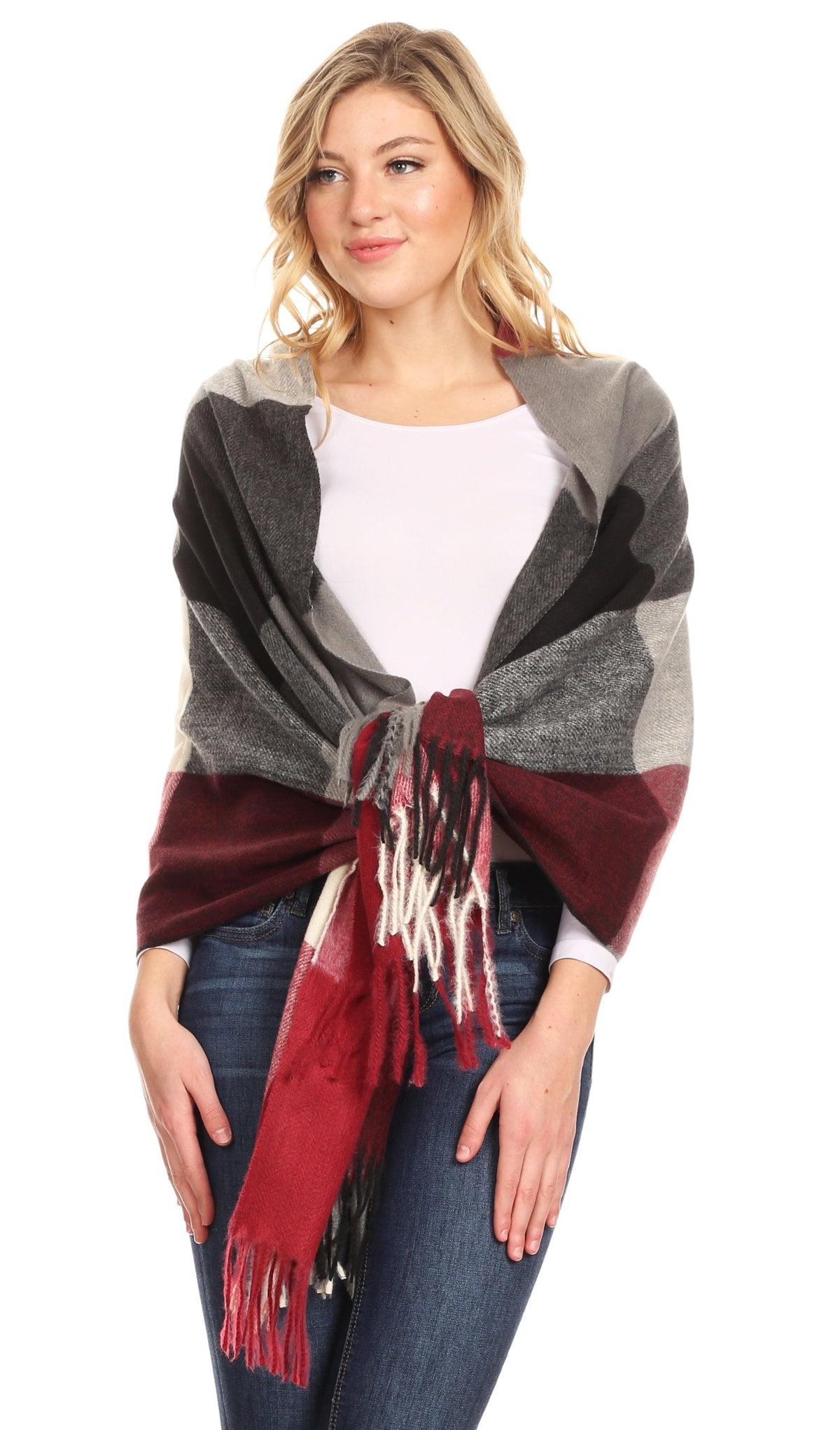 Women’s plaid pashmina scarf wrap in gray and burgundy with cream accents; fringe ends.