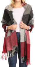 Women’s plaid pashmina shawl with burgundy, gray, and cream panels; fringe edges.