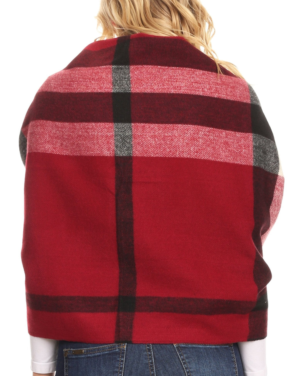 Women’s plaid pashmina shawl showing back panel: burgundy with black grid and gray blocks.