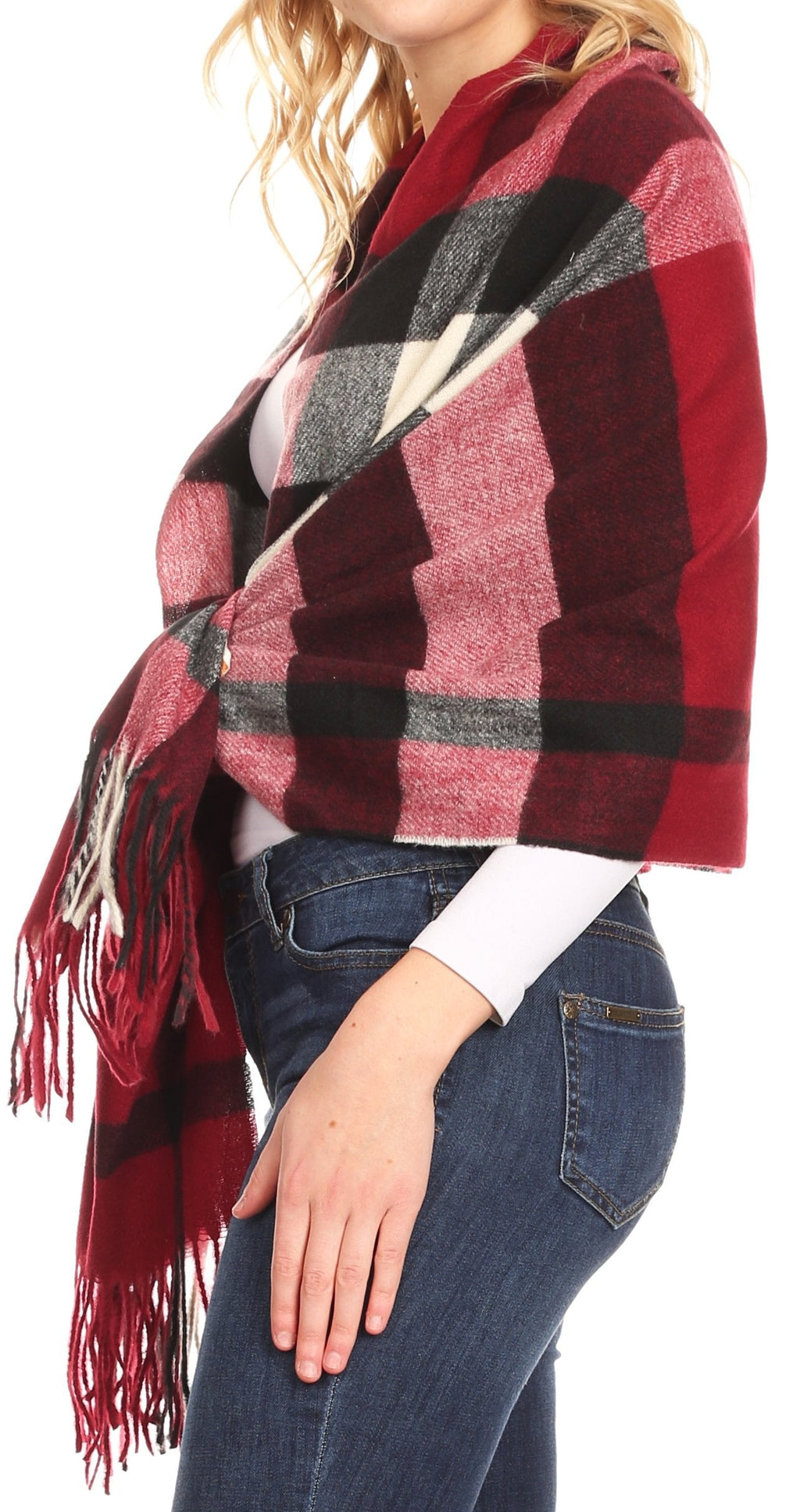 Women’s plaid pashmina wrap scarf in burgundy, gray, and black; fringed trim.