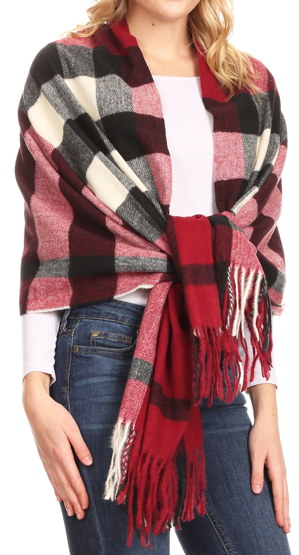 Women’s plaid pashmina shawl with burgundy and charcoal checks plus cream; fringe ends.