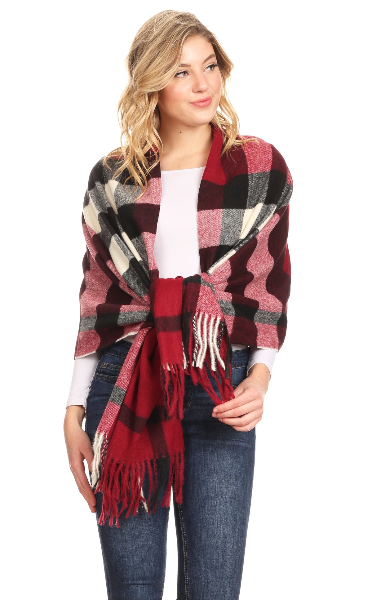 Women’s plaid pashmina wrap scarf in burgundy and gray check pattern; fringed edge.