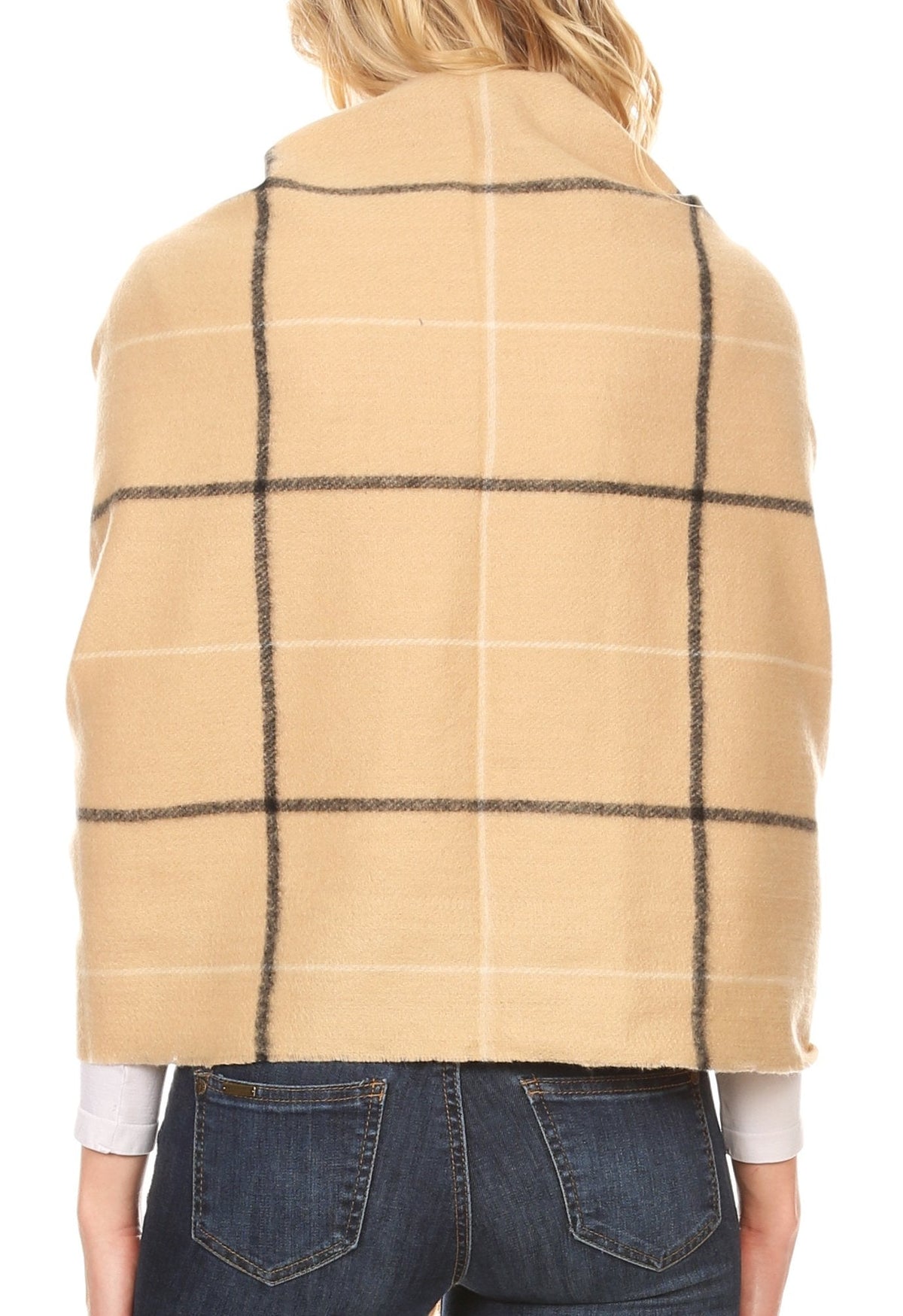 Women's pashmina wrap scarf, beige with dark plaid back and long fringe