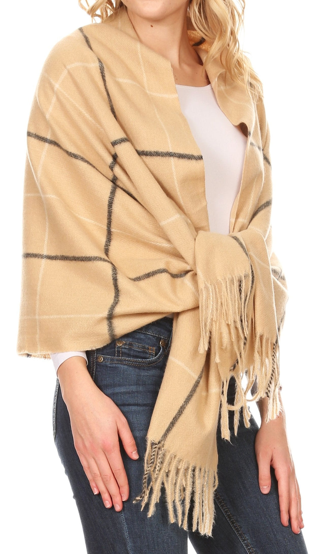 Women's pashmina shawl wrap scarf, beige with dark plaid pattern and tassel fringe