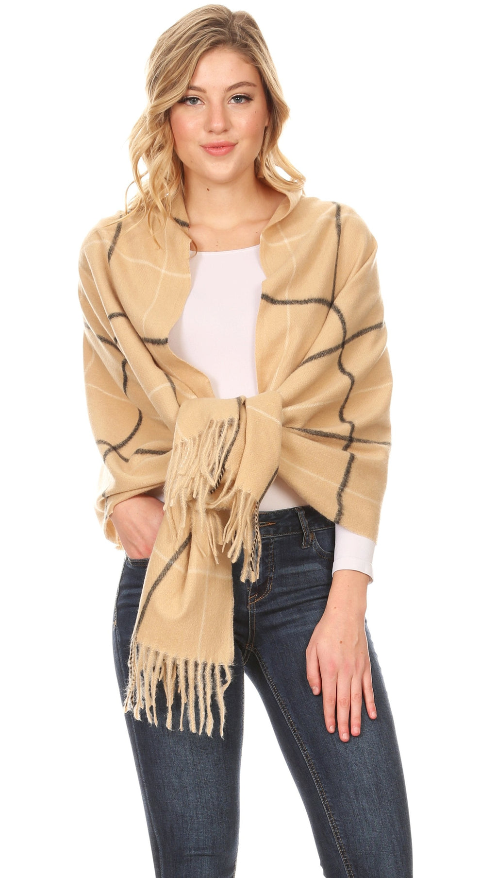 Women's pashmina wrap scarf, beige plaid with dark lines and hanging fringe