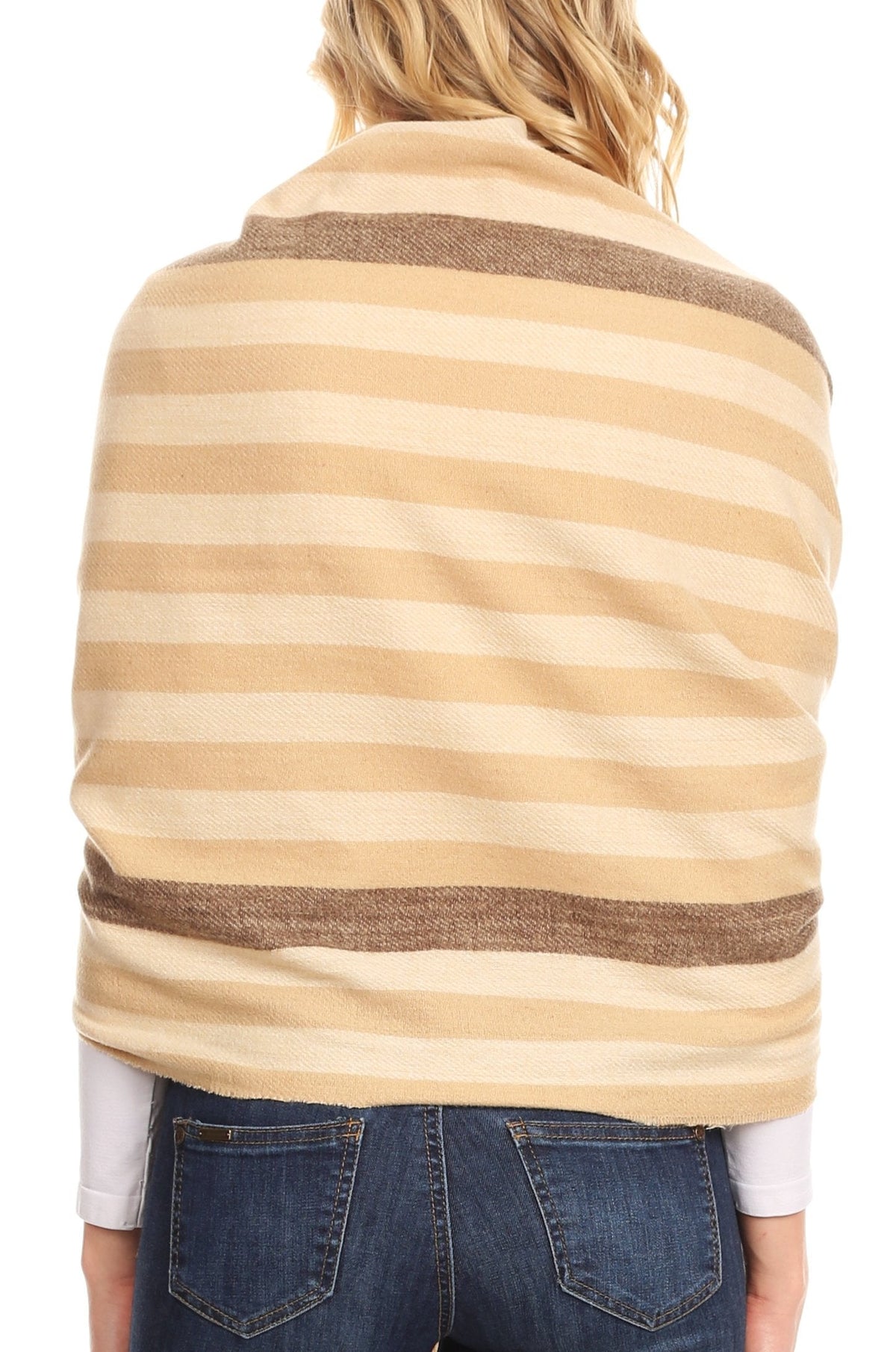 Women's pashmina wrap scarf, beige with horizontal stripe back and fringe