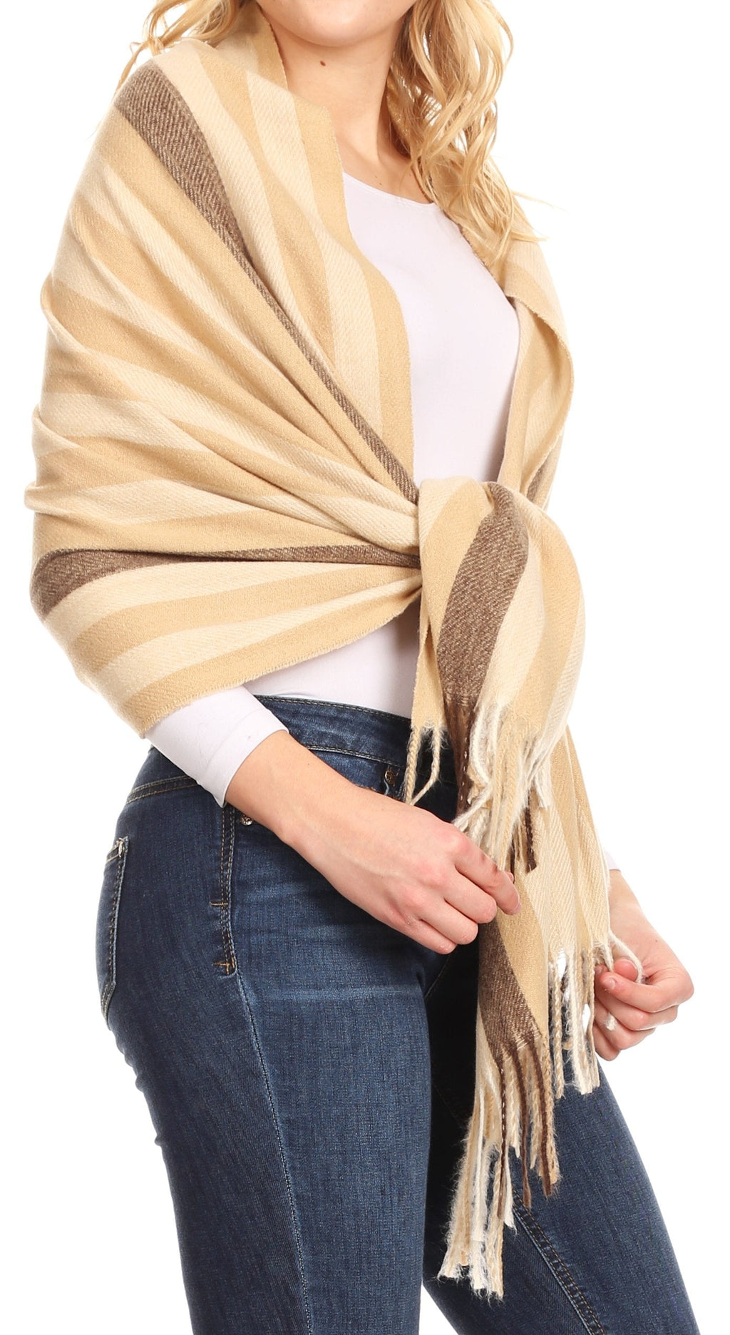 Women's pashmina shawl wrap scarf, beige with striped design and dangling tassel fringe