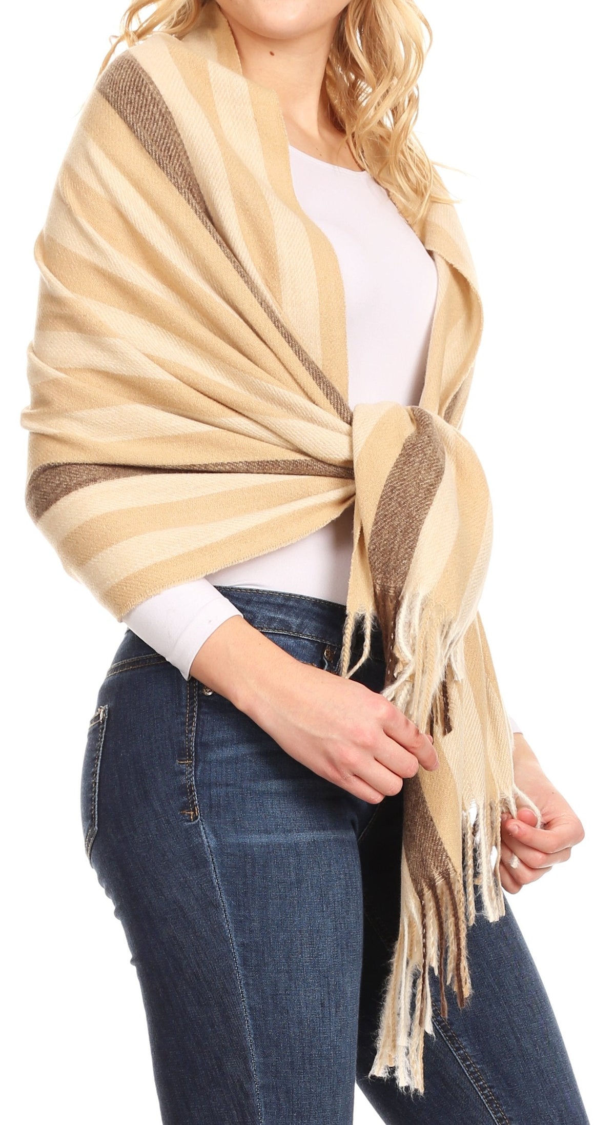 Women's pashmina shawl wrap scarf, beige with striped design and dangling tassel fringe